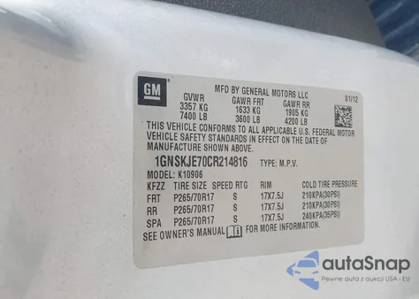 2012 Chevrolet Suburban 1500 Lt z USA, uszkodzony, nr VIN 1GNSKJE70CR214816